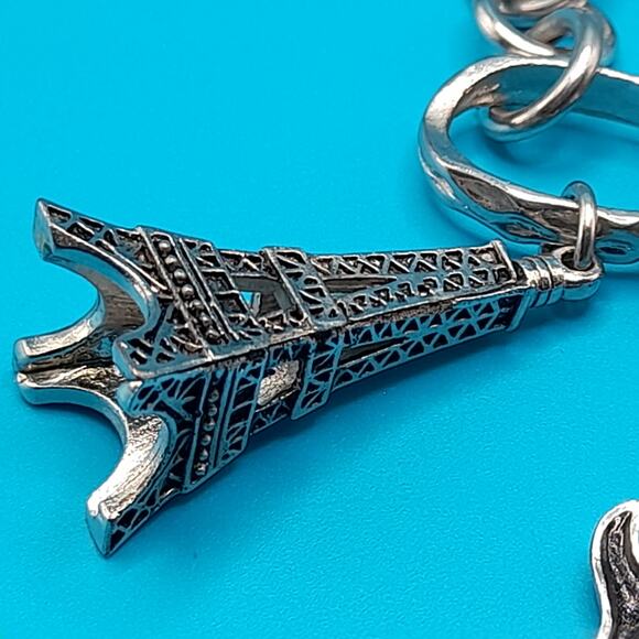 Vintage Charm Bracelet, Eiffel Tower, Globe, Guitar, Watch, 8 1/2" - Picture 2 of 10